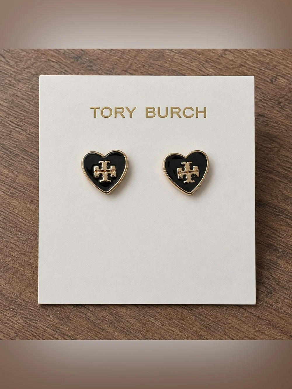 Tory Burch Black and Gold Heart Logo Stud Earrings
